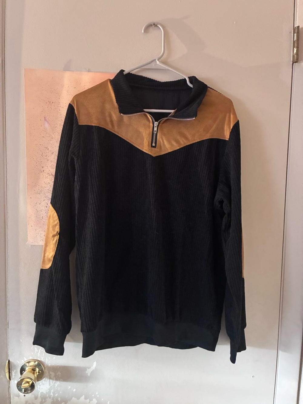 Men's Black Pullover Quarter-Zip Sweater with Gold Accents